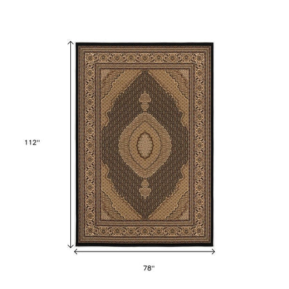 7' X 9' Beige and Black Medallion Power Loom Area Rug