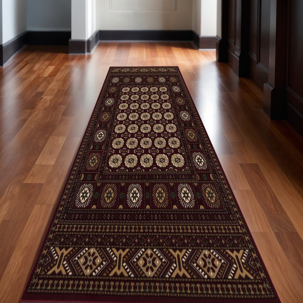 10' Red And Ivory Floral Medallion Runner Rug