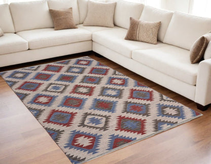 5' X 7' Red and Blue Geometric Diamonds Area Rug