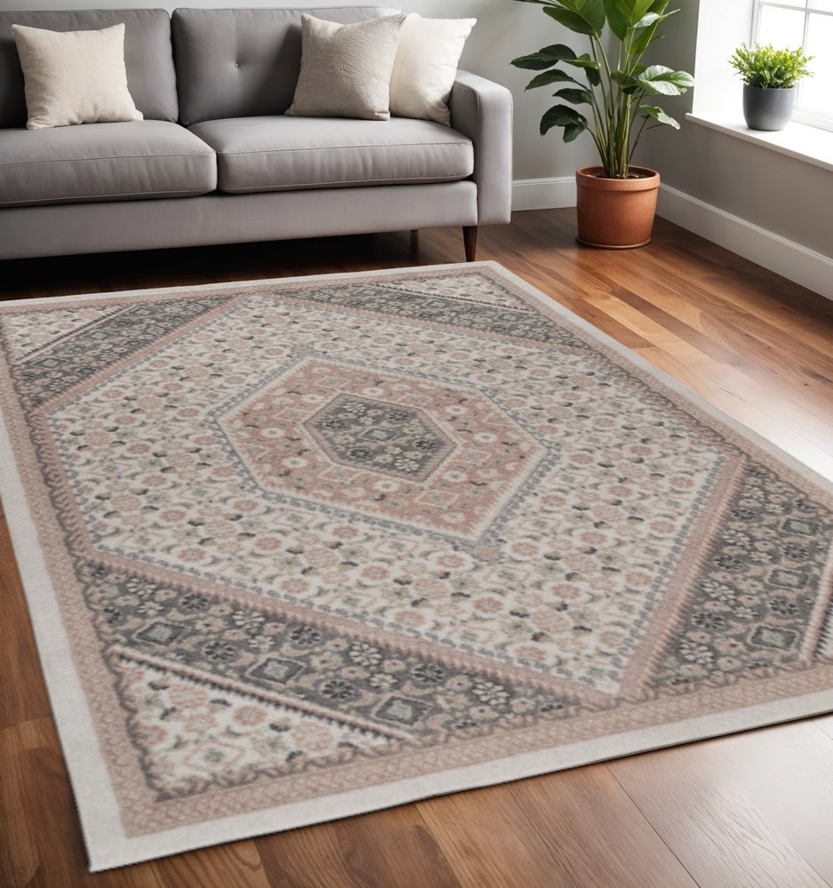 8' X 10' Gray and Soft Pink Traditional Area Rug