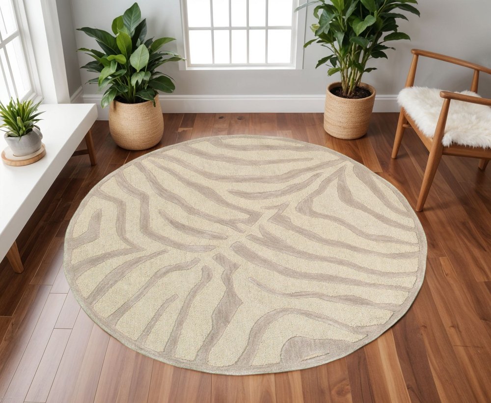 8’ Round Taupe Zebra Pattern Area Rug