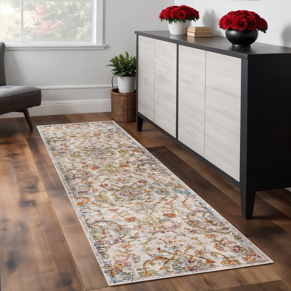 2' X 9' Beige Abstract Garden Runner Rug