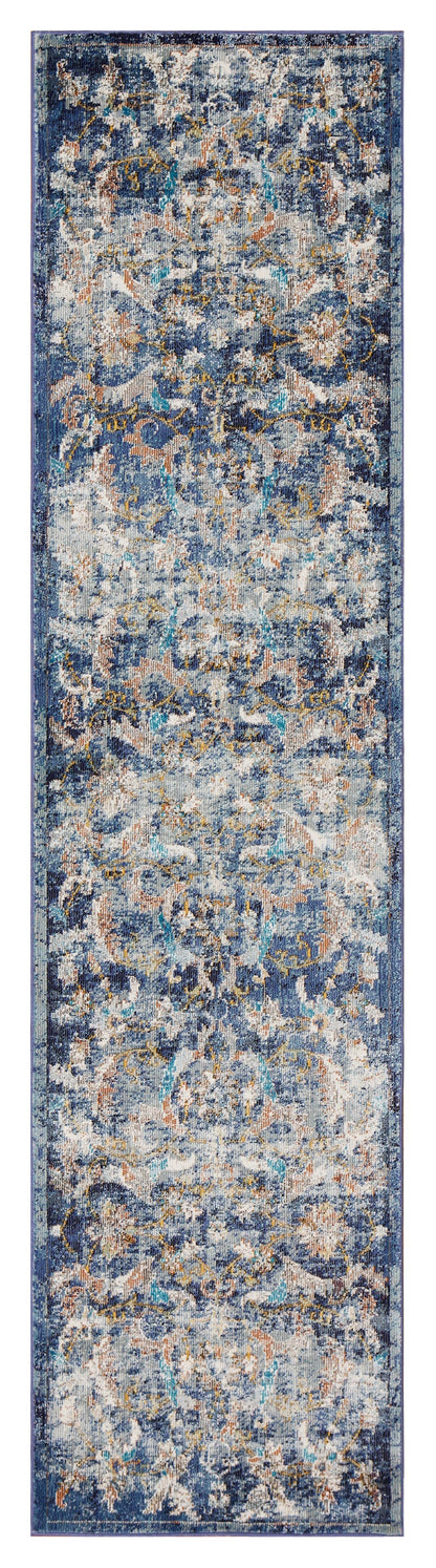 5' X 8' Blue and White Jacobean Pattern Area Rug