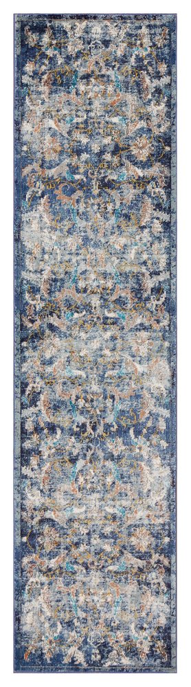 2' X 9' Blue and White Jacobean Pattern Runner Rug