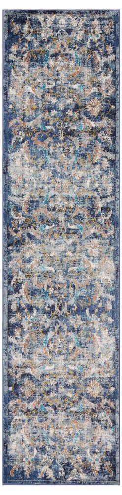 2' X 9' Blue and White Jacobean Pattern Runner Rug