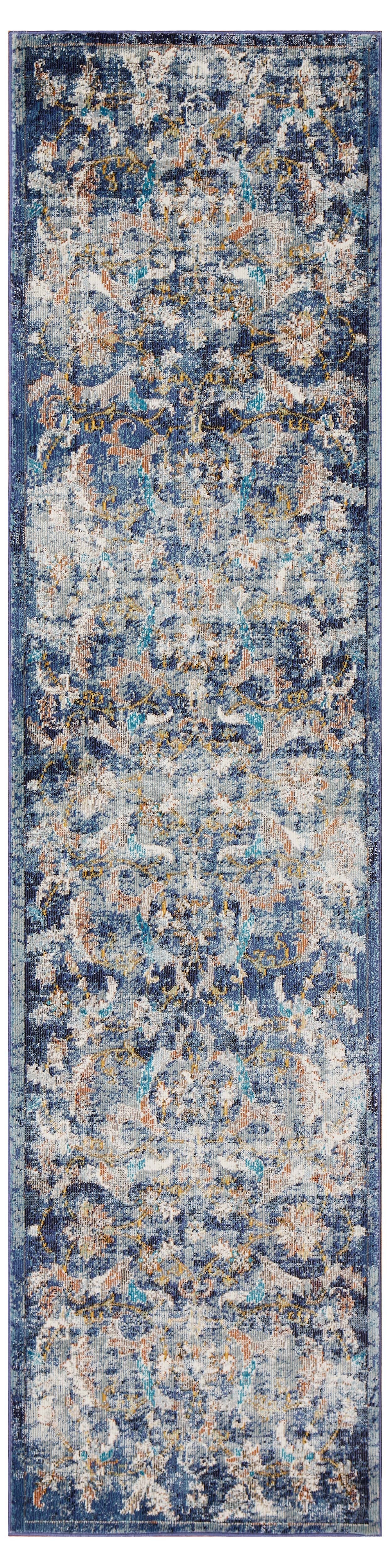 5' X 8' Blue and White Jacobean Pattern Area Rug