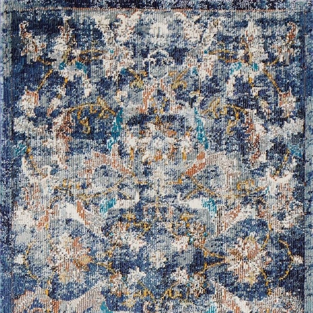 4' X 6' Blue and White Jacobean Pattern Area Rug