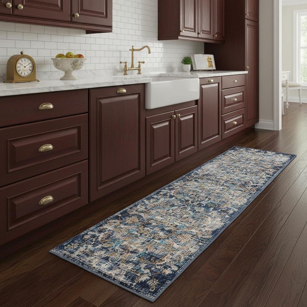 4' X 6' Blue and White Jacobean Pattern Area Rug