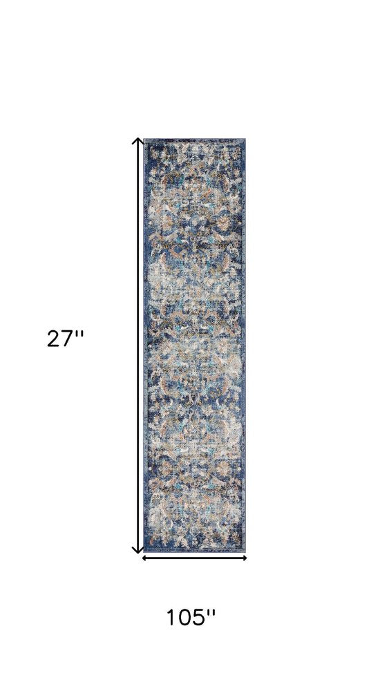 4' X 6' Blue and White Jacobean Pattern Area Rug