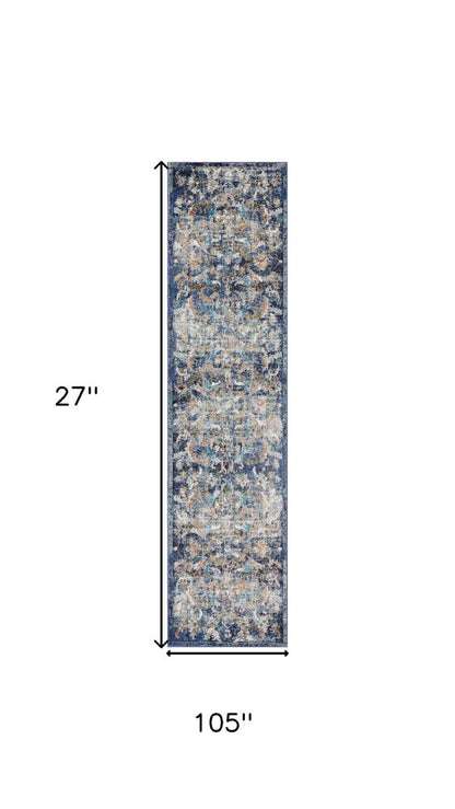4' X 6' Blue and White Jacobean Pattern Area Rug