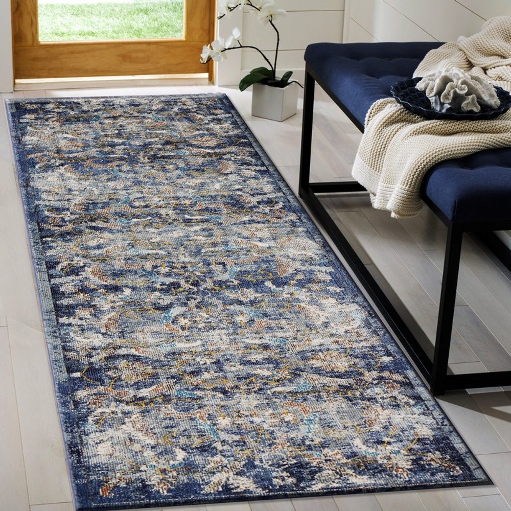 4' X 6' Blue and White Jacobean Pattern Area Rug