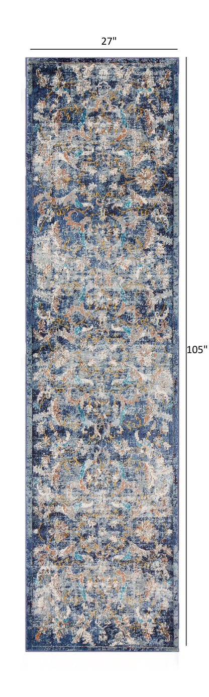 5' X 8' Blue and White Jacobean Pattern Area Rug