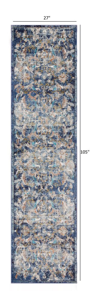 2' X 9' Blue and White Jacobean Pattern Runner Rug