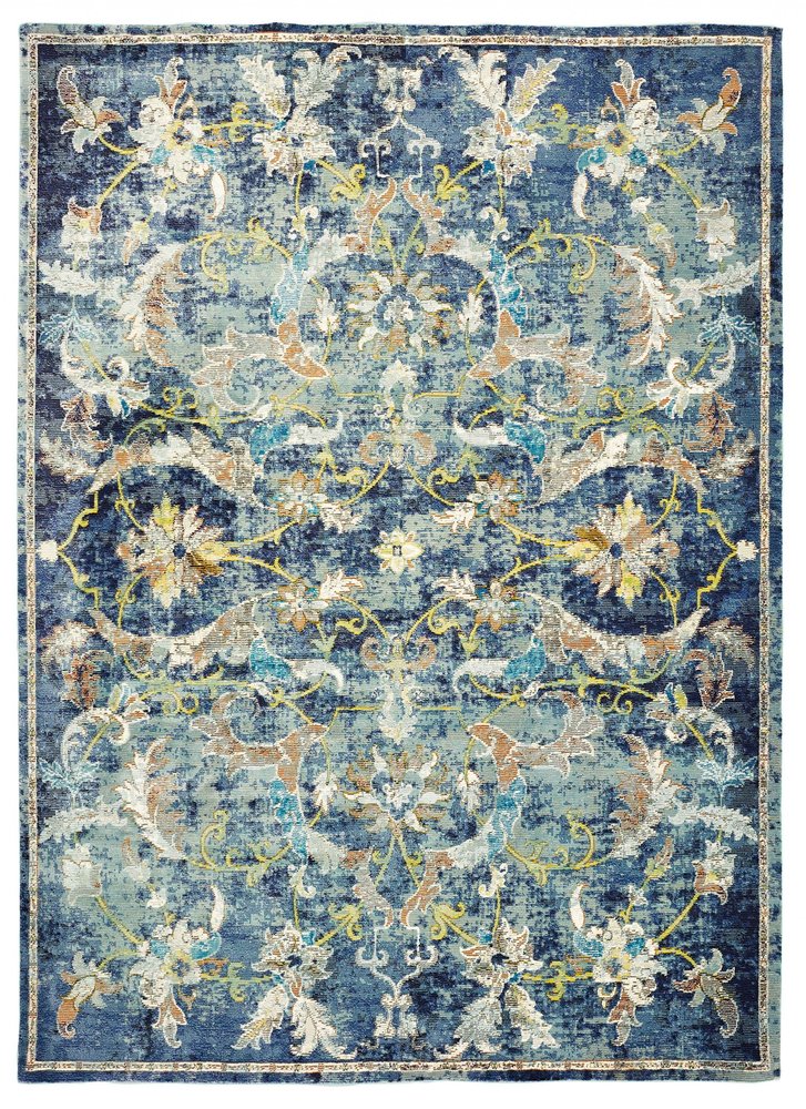 2' X 9' Blue and White Jacobean Pattern Runner Rug