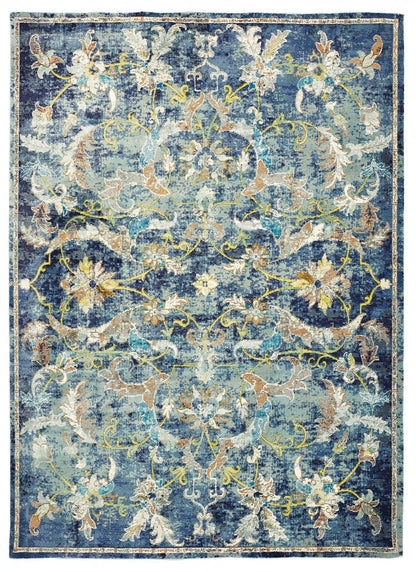 2' X 9' Blue and White Jacobean Pattern Runner Rug