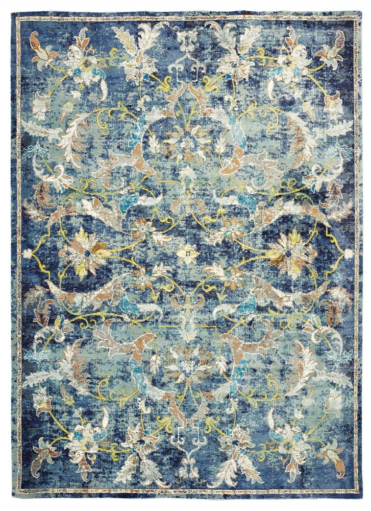 2' X 9' Blue and White Jacobean Pattern Runner Rug