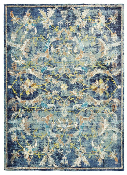 2' X 9' Blue and White Jacobean Pattern Runner Rug