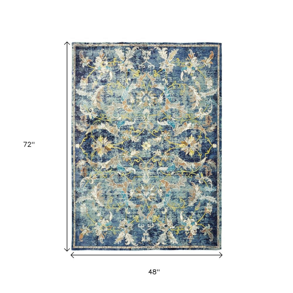 2' X 9' Blue and White Jacobean Pattern Runner Rug