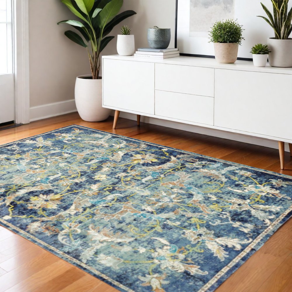 2' X 9' Blue and White Jacobean Pattern Runner Rug