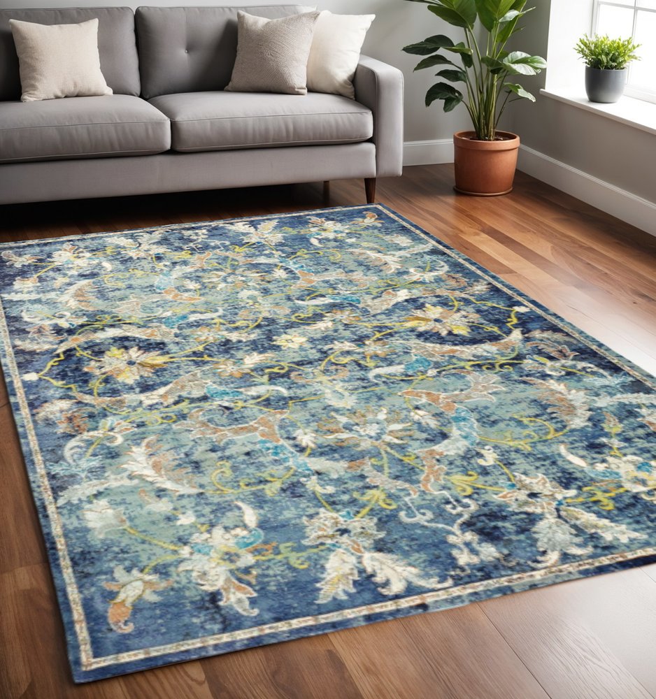 2' X 9' Blue and White Jacobean Pattern Runner Rug