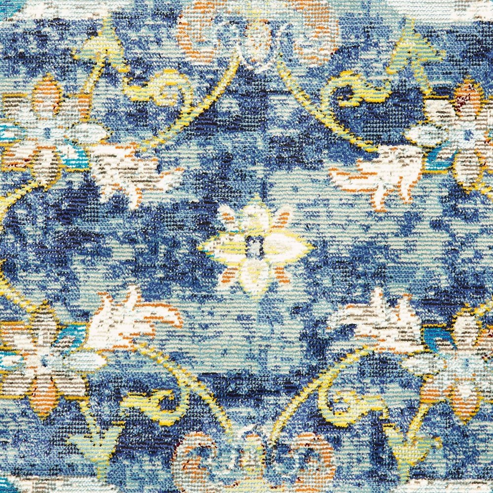 4' X 6' Blue and White Jacobean Pattern Area Rug