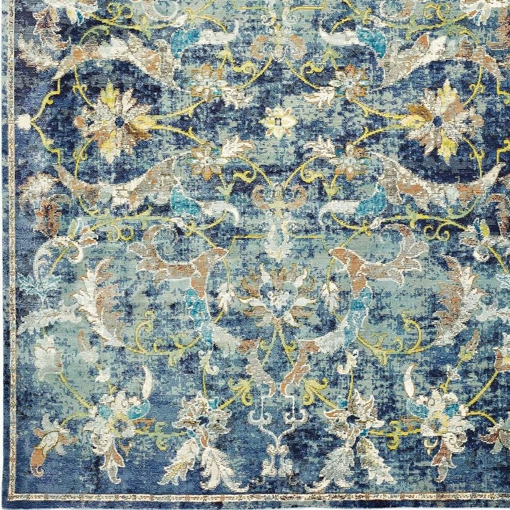 2' X 9' Blue and White Jacobean Pattern Runner Rug