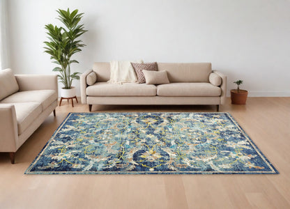 5' X 8' Blue and White Jacobean Pattern Area Rug