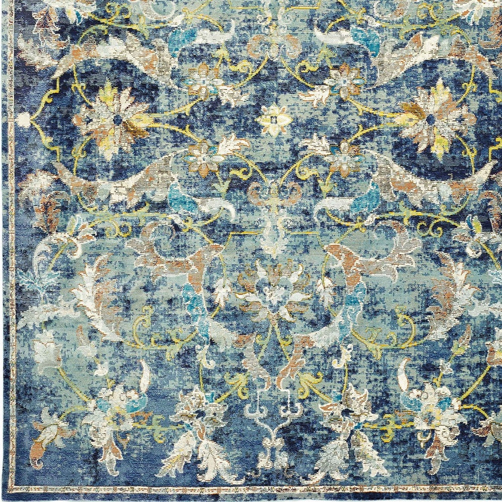 5' X 8' Blue and White Jacobean Pattern Area Rug