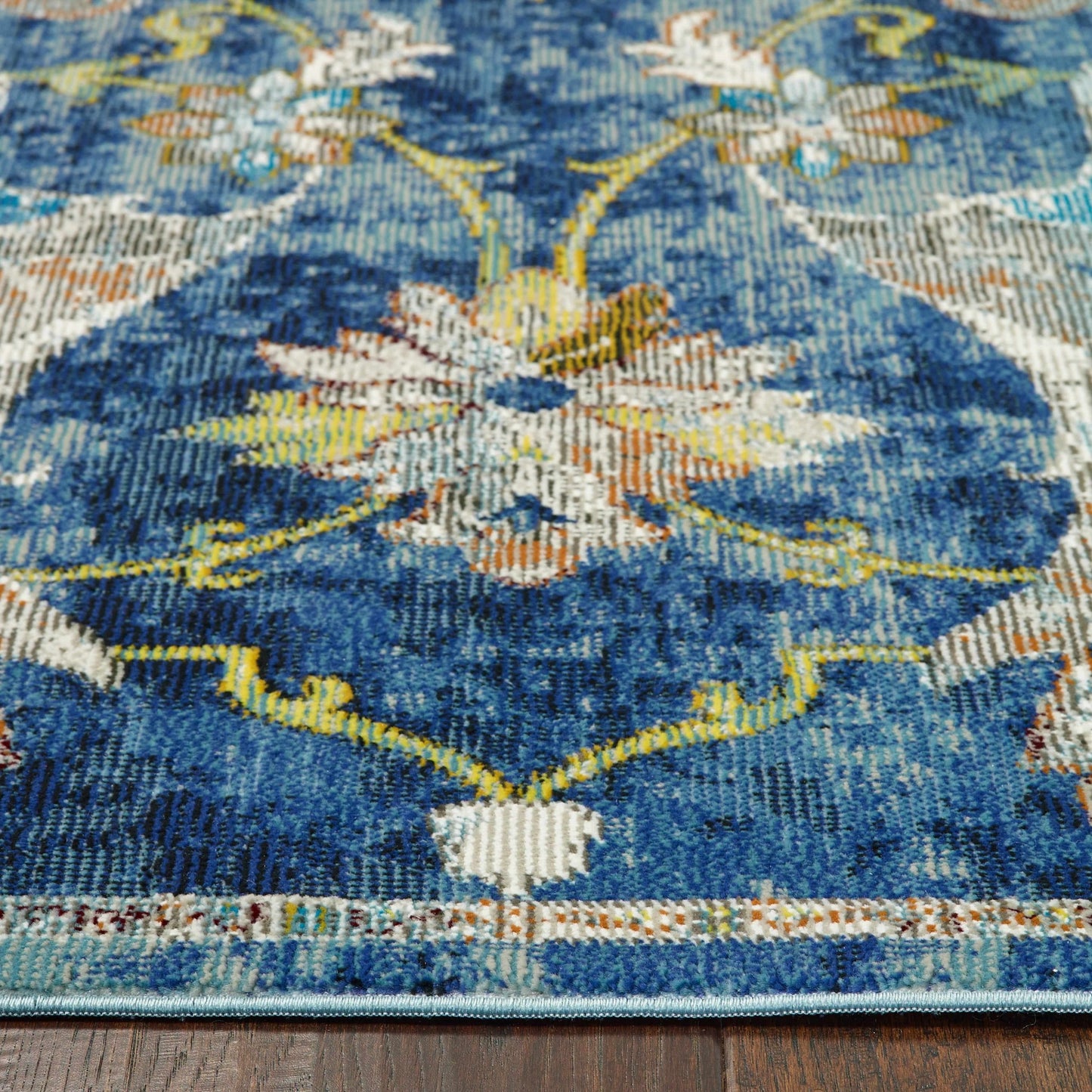 5' X 8' Blue and White Jacobean Pattern Area Rug