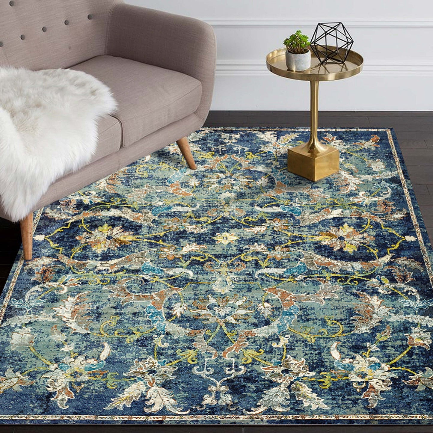 5' X 8' Blue and White Jacobean Pattern Area Rug