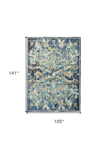 5' X 8' Blue and White Jacobean Pattern Area Rug