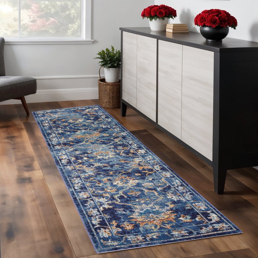 2' X 9' Blue and Gold Jacobean Runner Rug