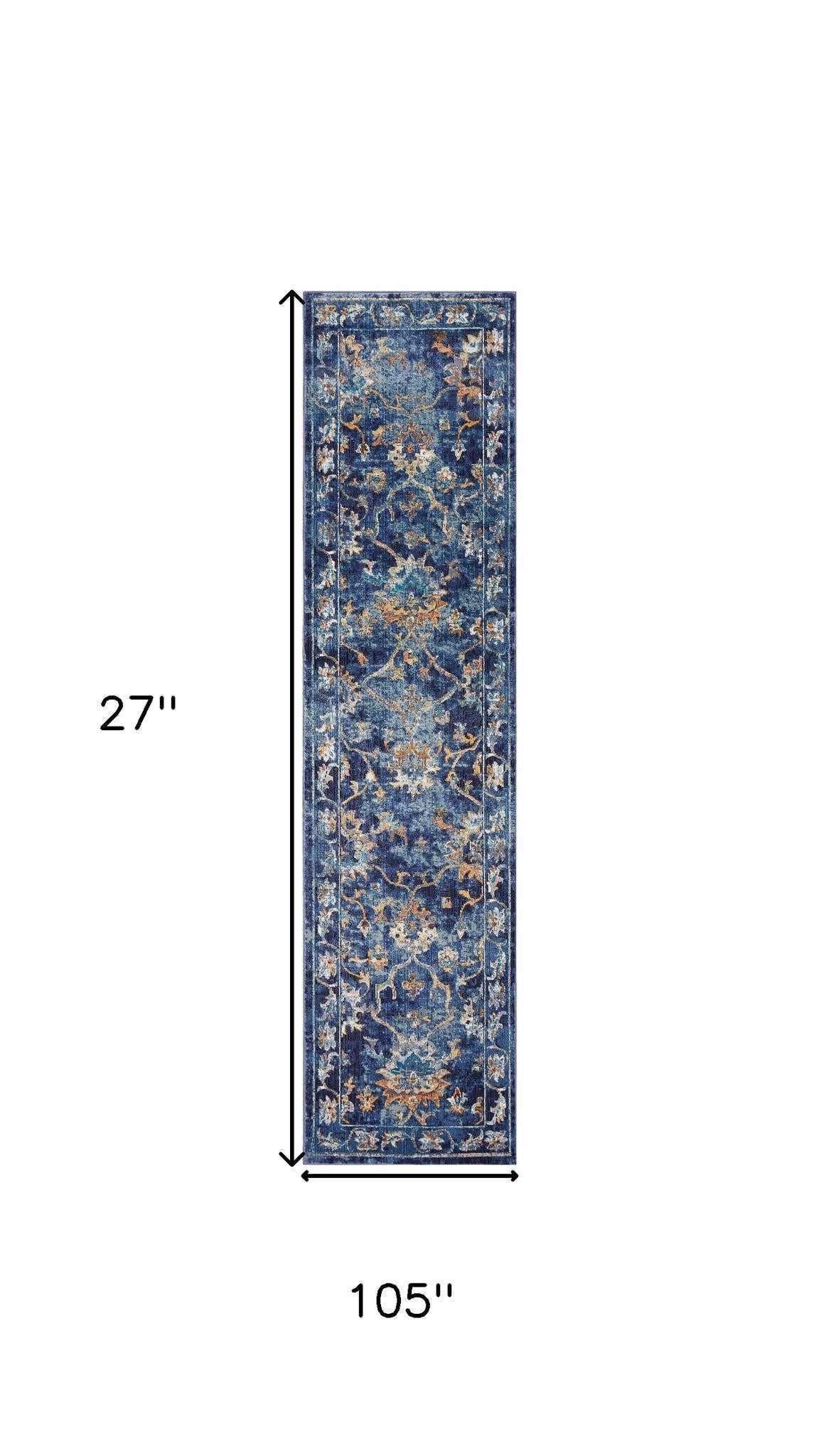 2' X 9' Blue and Gold Jacobean Runner Rug