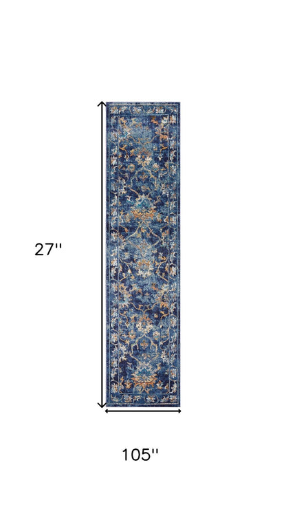 2' X 9' Blue and Gold Jacobean Runner Rug