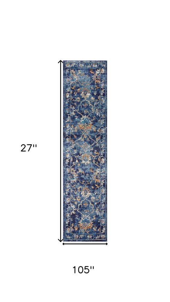 2' X 9' Blue and Gold Jacobean Runner Rug