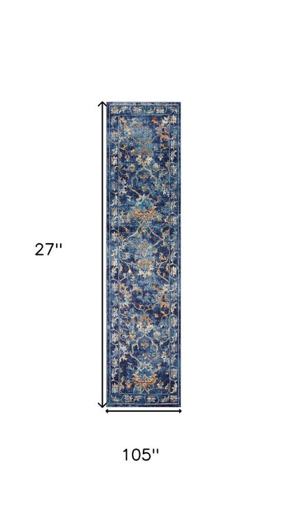 2' X 9' Blue and Gold Jacobean Runner Rug