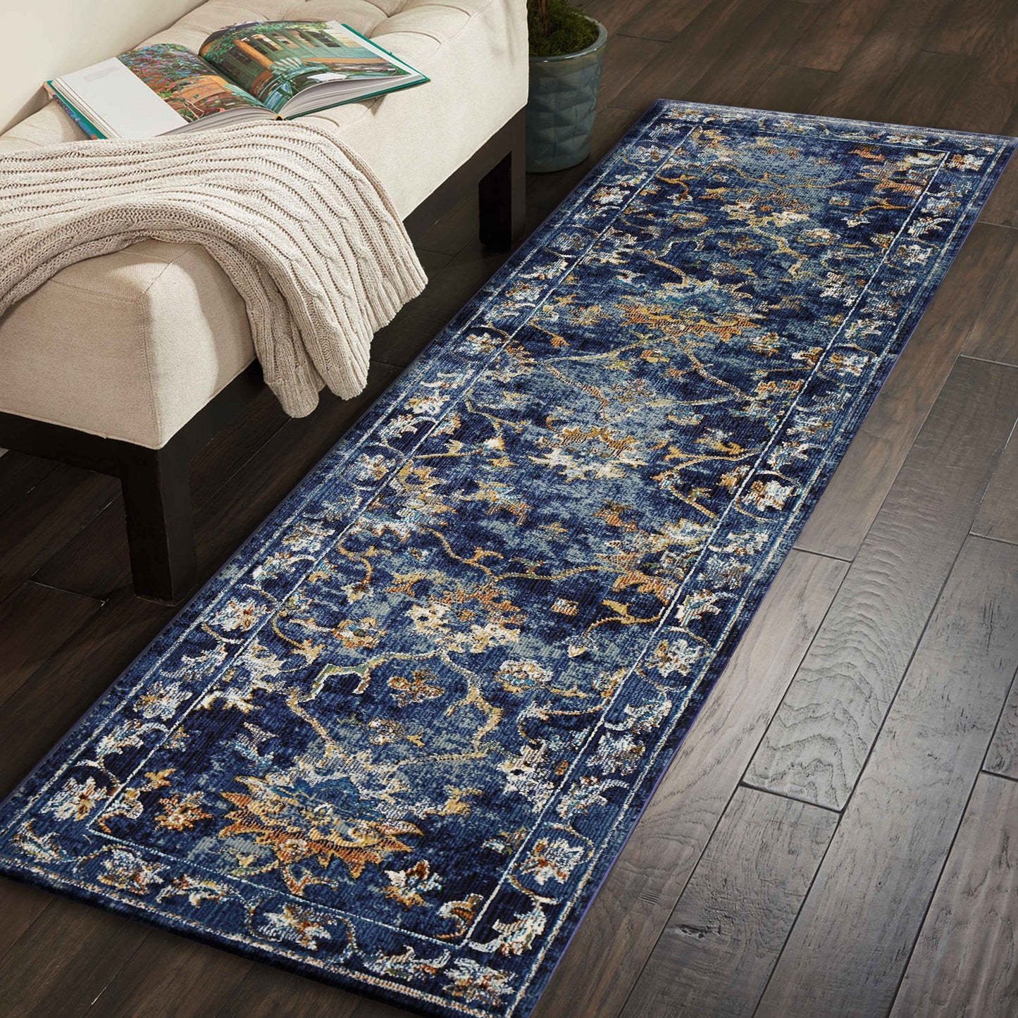 5' X 8' Blue Aqua and Gold Floral Area Rug