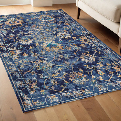 5' X 8' Blue Aqua and Gold Floral Area Rug