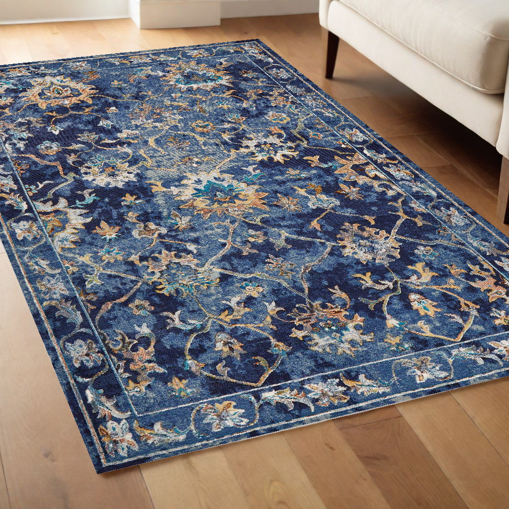 5' X 8' Blue Aqua and Gold Floral Area Rug