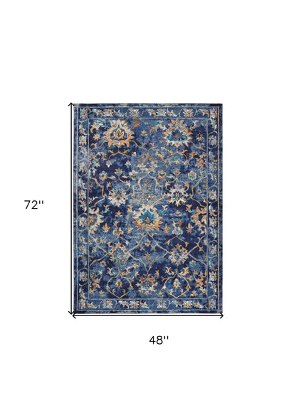 5' X 8' Blue Aqua and Gold Floral Area Rug