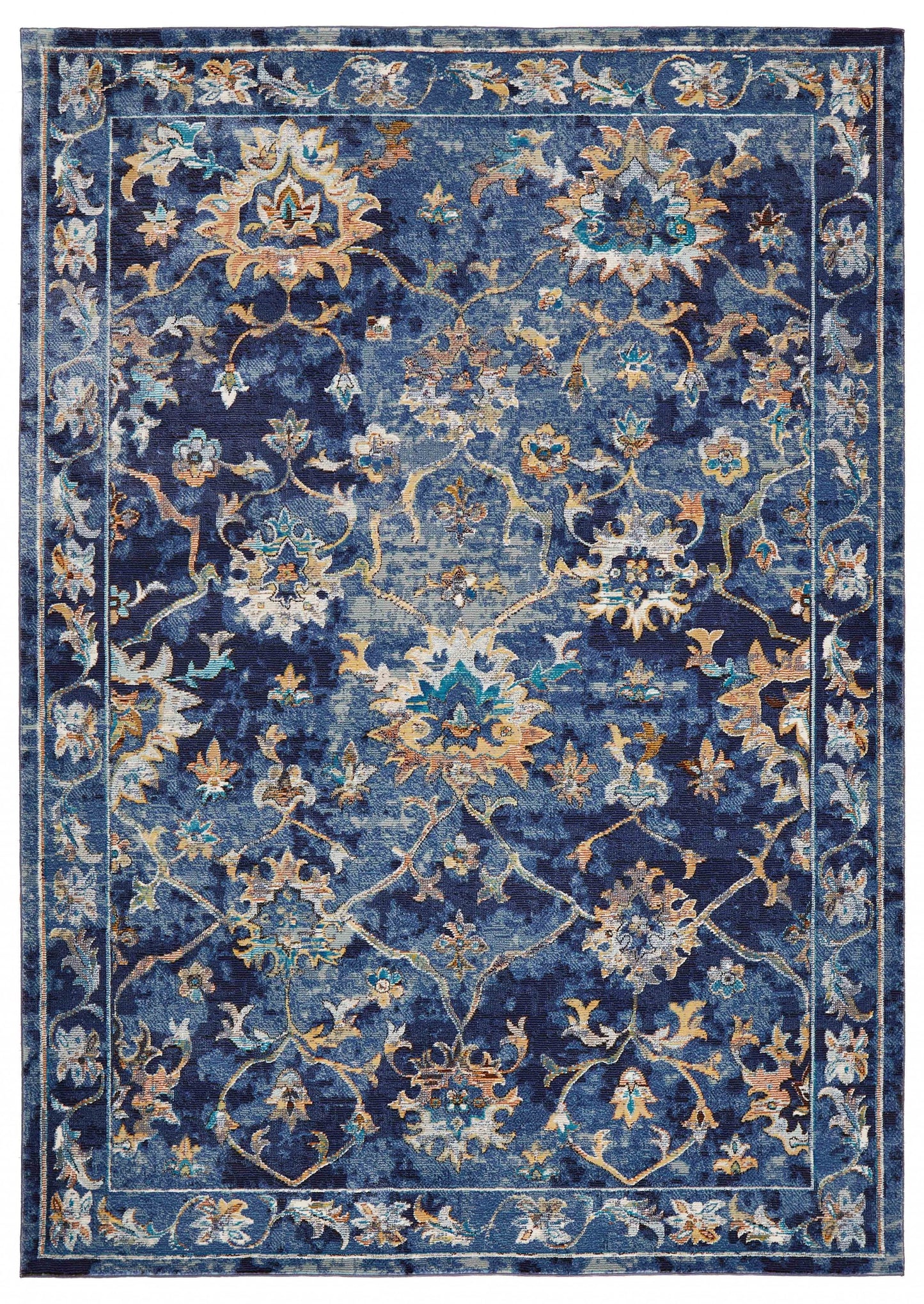 5' X 8' Blue Aqua and Gold Floral Area Rug