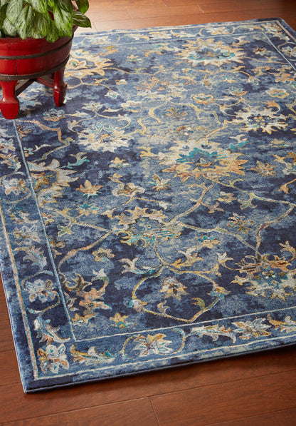 5' X 8' Blue Aqua and Gold Floral Area Rug