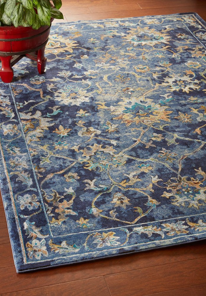 4' X 6' Blue and Gold Jacobean Area Rug