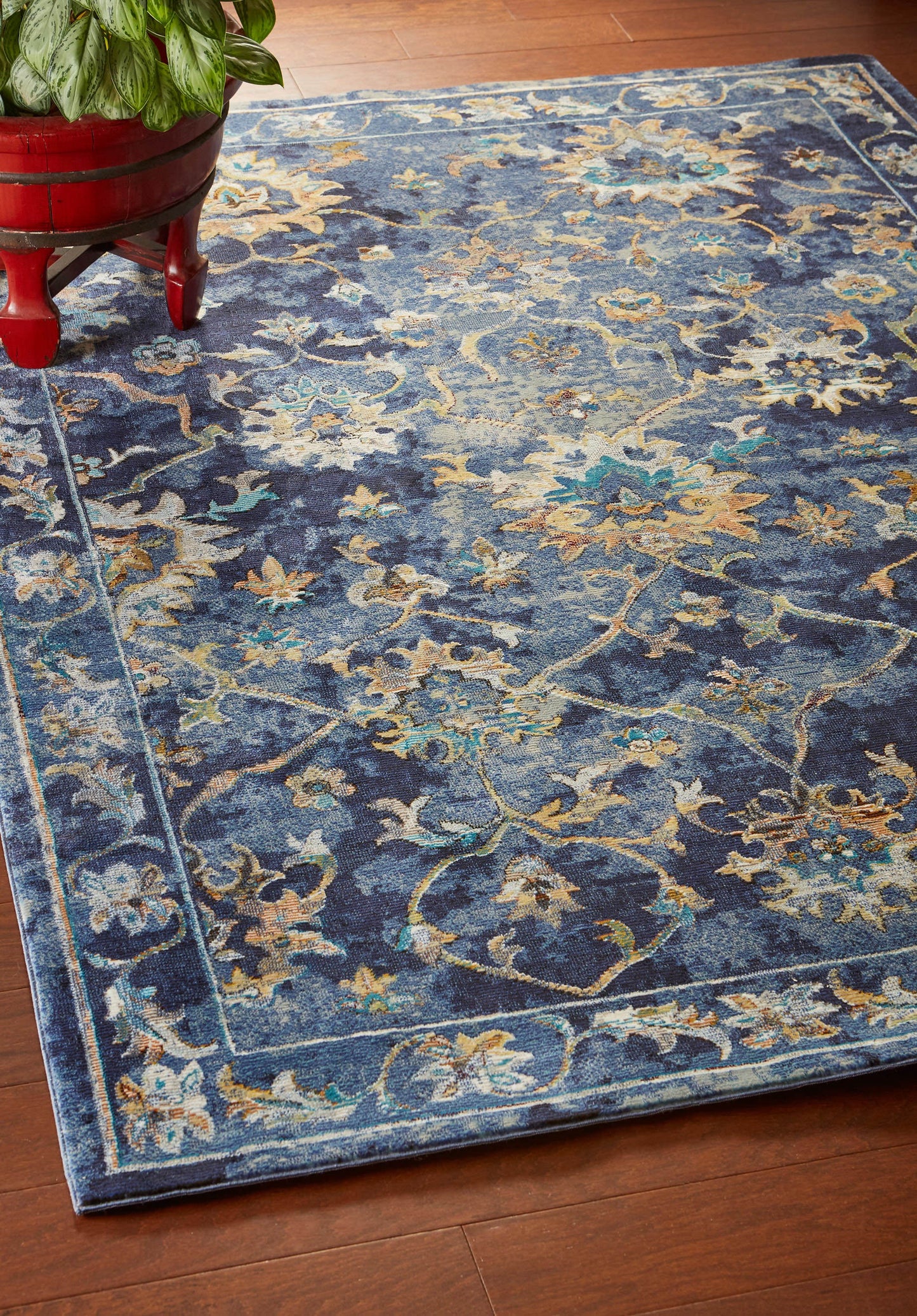 5' X 8' Blue Aqua and Gold Floral Area Rug