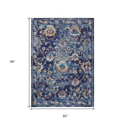 5' X 8' Blue Aqua and Gold Floral Area Rug