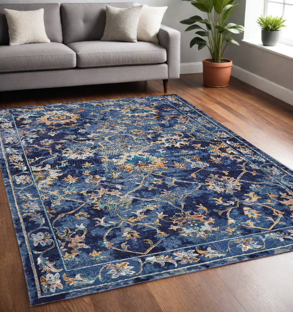 5' X 8' Blue Aqua and Gold Floral Area Rug