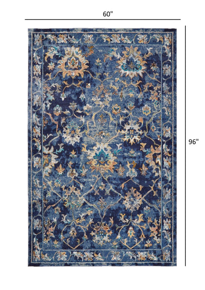 5' X 8' Blue Aqua and Gold Floral Area Rug