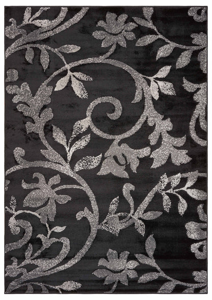 5' X 7' Black Gray and White Floral Vines Area Rug