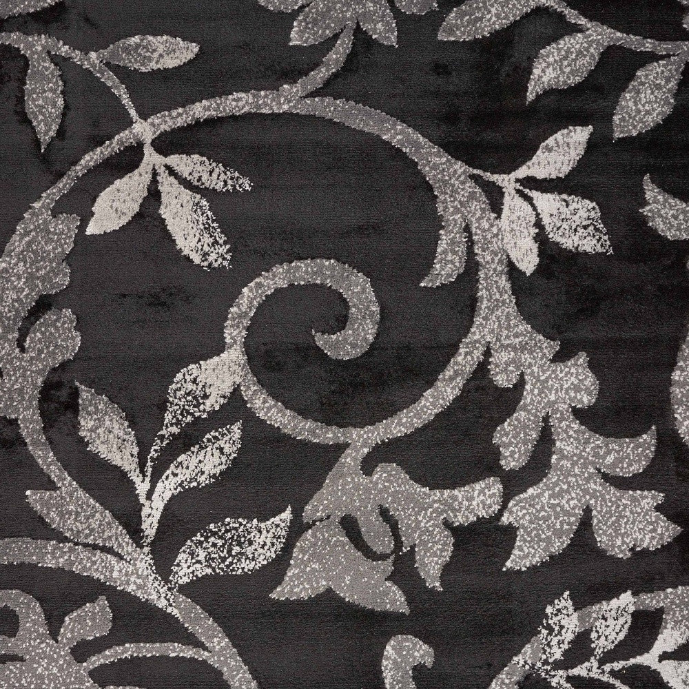 5' X 7' Black Gray and White Floral Vines Area Rug