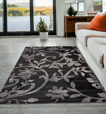 5' X 7' Black Gray and White Floral Vines Area Rug